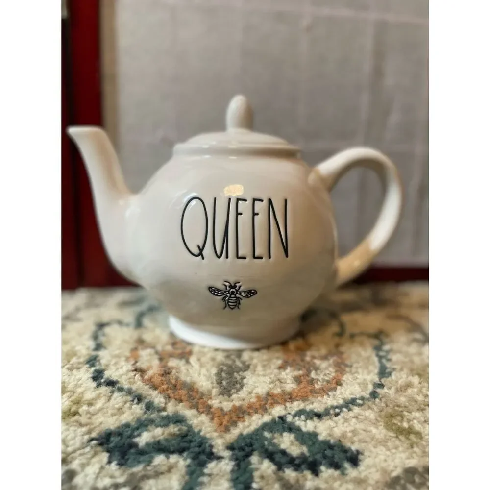 Rae Dunn by Magenta QUEEN White Ceramic Teapot - Decorative Home Kitchen Tea Pot